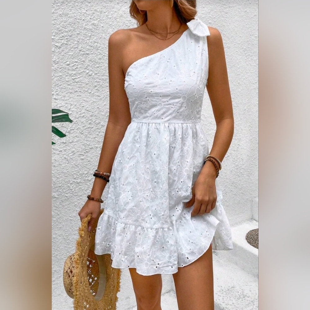 New Embroidered Eyelet Lace One Shoulder Ruffle Hem Short Dress White